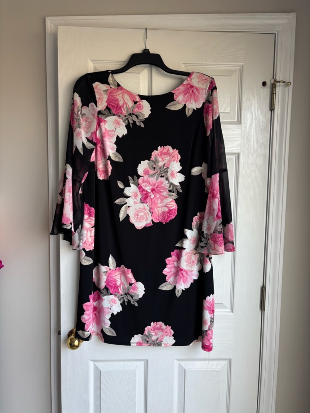 Women's Black Long Sleeve Floral Dress with Pink Roses